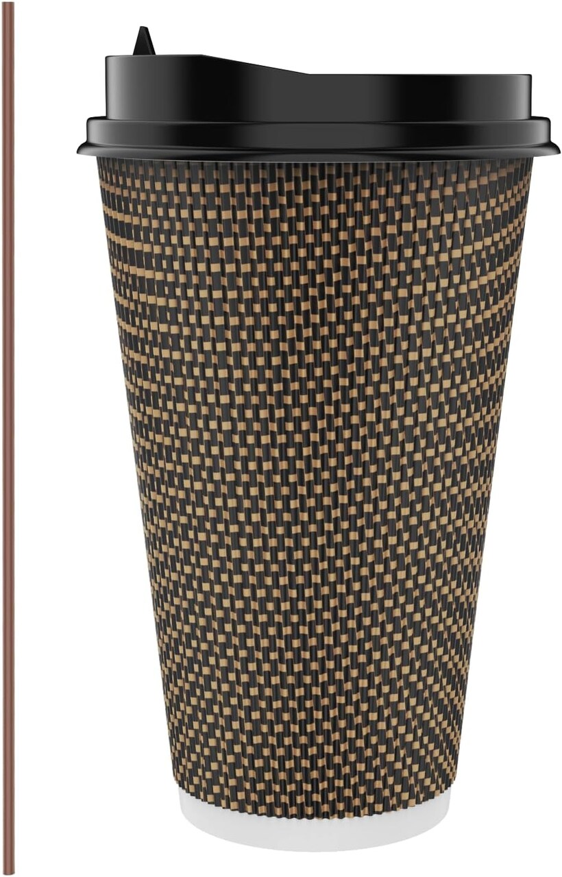 80 Pack 16 oz Paper Coffee Cups, Insulated Ripple Wall Paper Cups with Lid and Straws, Three Layer Insulated Hot Beverage Cups for Hot Drinks, Coffee Cups for Parties, Picnic, and Travel
